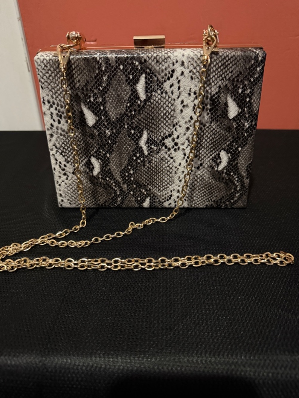 Urban Expression Snake-Print Box Clutch with Gold Chain - Black/White